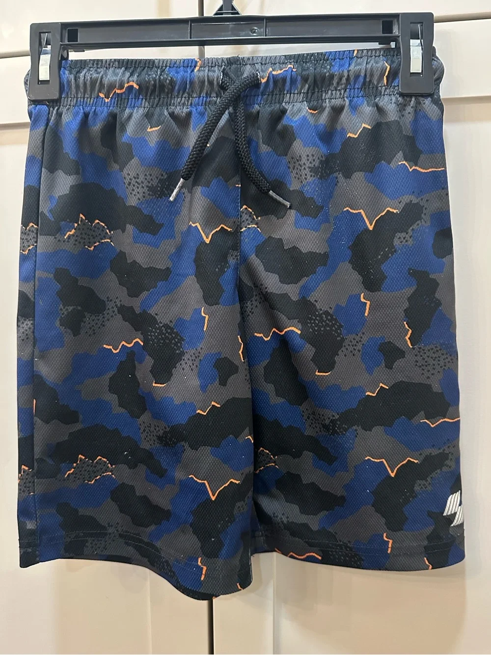 Boys blue & Black Camouflage Athletic Shorts with Orange Accent-YM 7/8